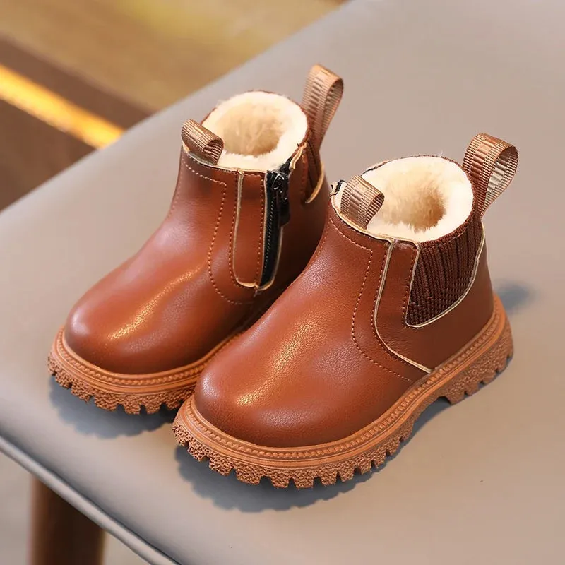 مجموعة اروين التجارية ARWEN&AJH GROUP  2024 European Winter Kids Boys Girls Martin Boots British Style Zipper Velvet Warmth Non-Slip Short Boots Anti-slip Children Leather Shoes