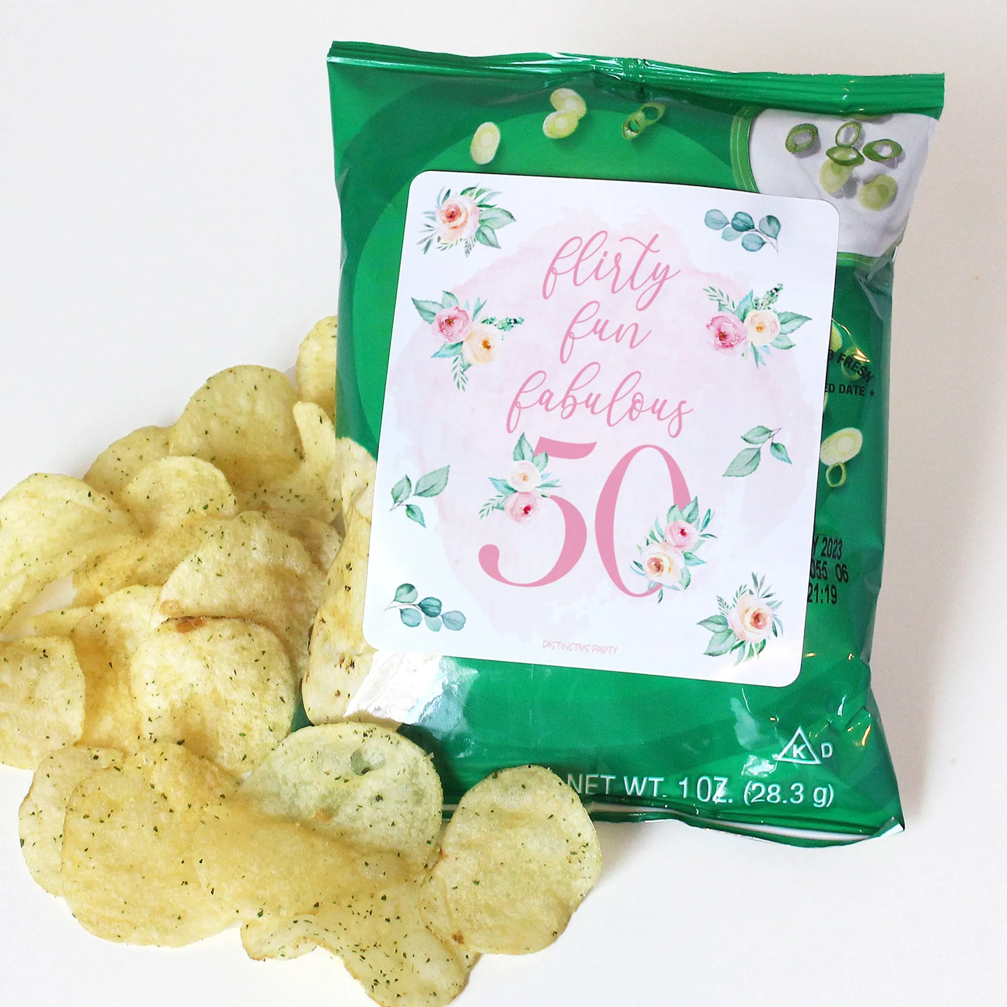 50th Birthday: Floral - Popcorn, Chip Bag, and Snack Bag Stickers - 32 Stickers