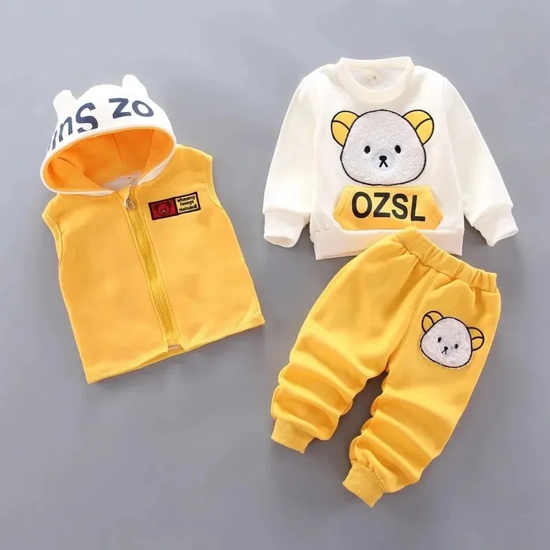 Children Clothes Autumn Winter Wool Toddler Boys Clothes Set Cotton Tops Vest Pants 3pcs Kids Sports Suit For Baby Boys Clothes 201127