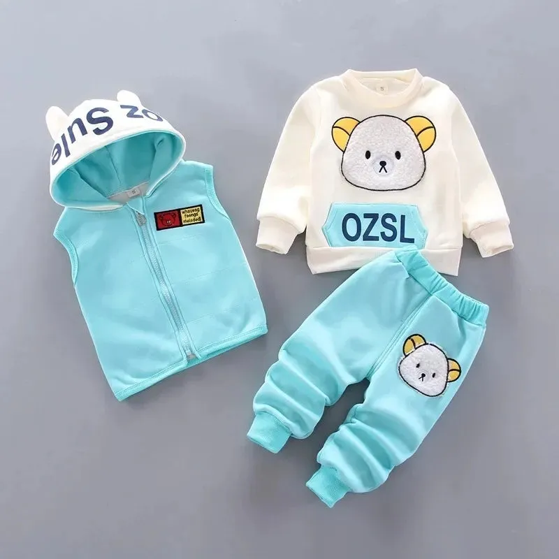 Children Clothes Autumn Winter Wool Toddler Boys Clothes Set Cotton Tops Vest Pants 3pcs Kids Sports Suit For Baby Boys Clothes 201127