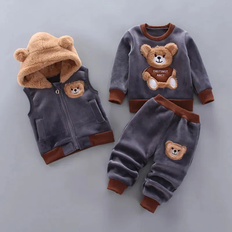 Children Clothes Autumn Winter Wool Toddler Boys Clothes Set Cotton Tops Vest Pants 3pcs Kids Sports Suit For Baby Boys Clothes 201127