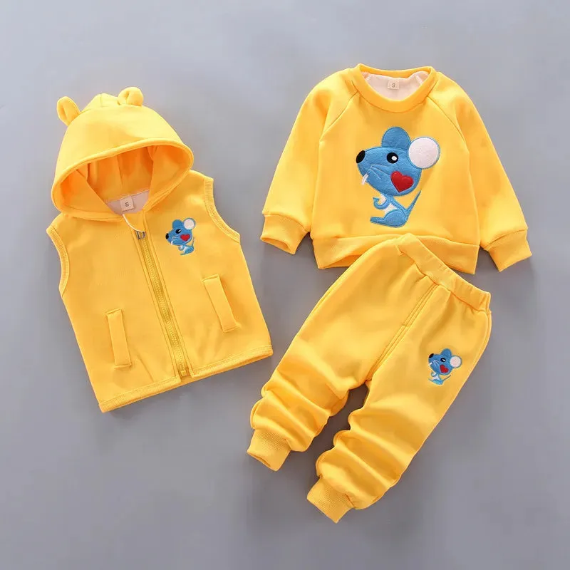 Children Clothes Autumn Winter Wool Toddler Boys Clothes Set Cotton Tops Vest Pants 3pcs Kids Sports Suit For Baby Boys Clothes 201127