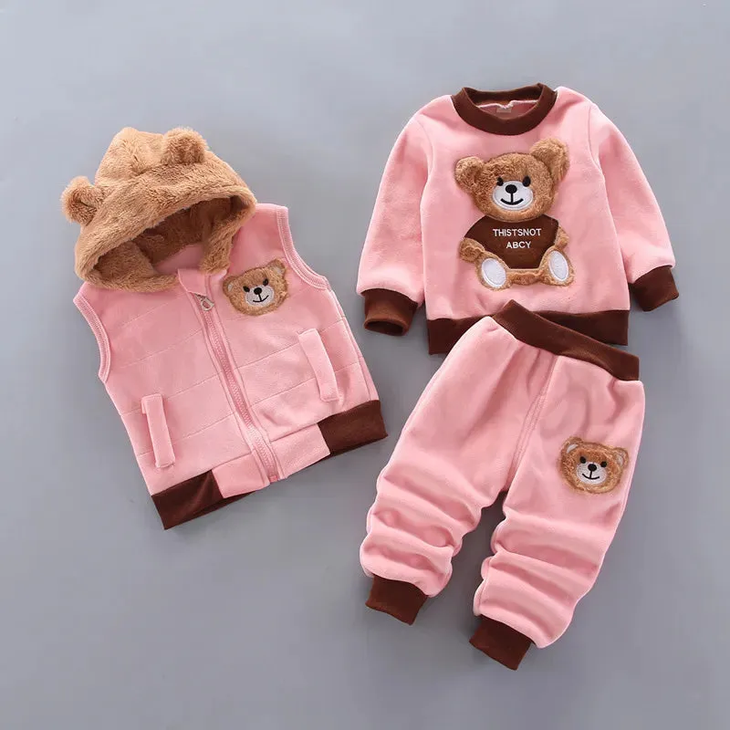 Children Clothes Autumn Winter Wool Toddler Boys Clothes Set Cotton Tops Vest Pants 3pcs Kids Sports Suit For Baby Boys Clothes 201127