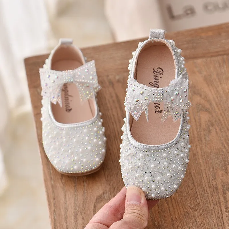 Children's shoes fashion bow rhinestone sequins kids shoes baby girls flat leather shoes