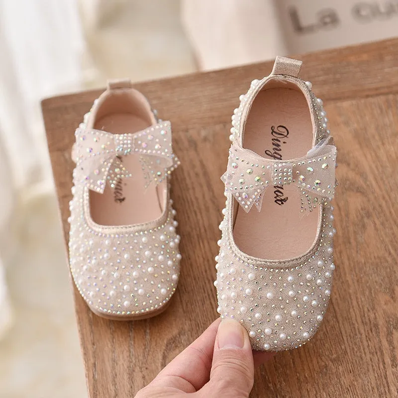 Children's shoes fashion bow rhinestone sequins kids shoes baby girls flat leather shoes