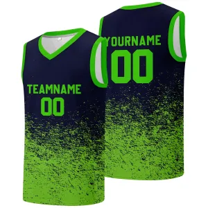 Custom basketball jersey for men and women. Stitched and printed name, number and logo Navy&Neon Green