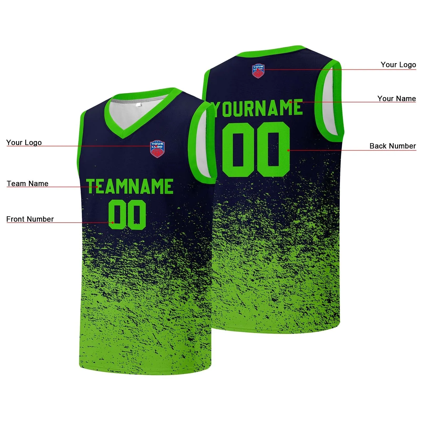 Custom basketball jersey for men and women. Stitched and printed name, number and logo Navy&Neon Green