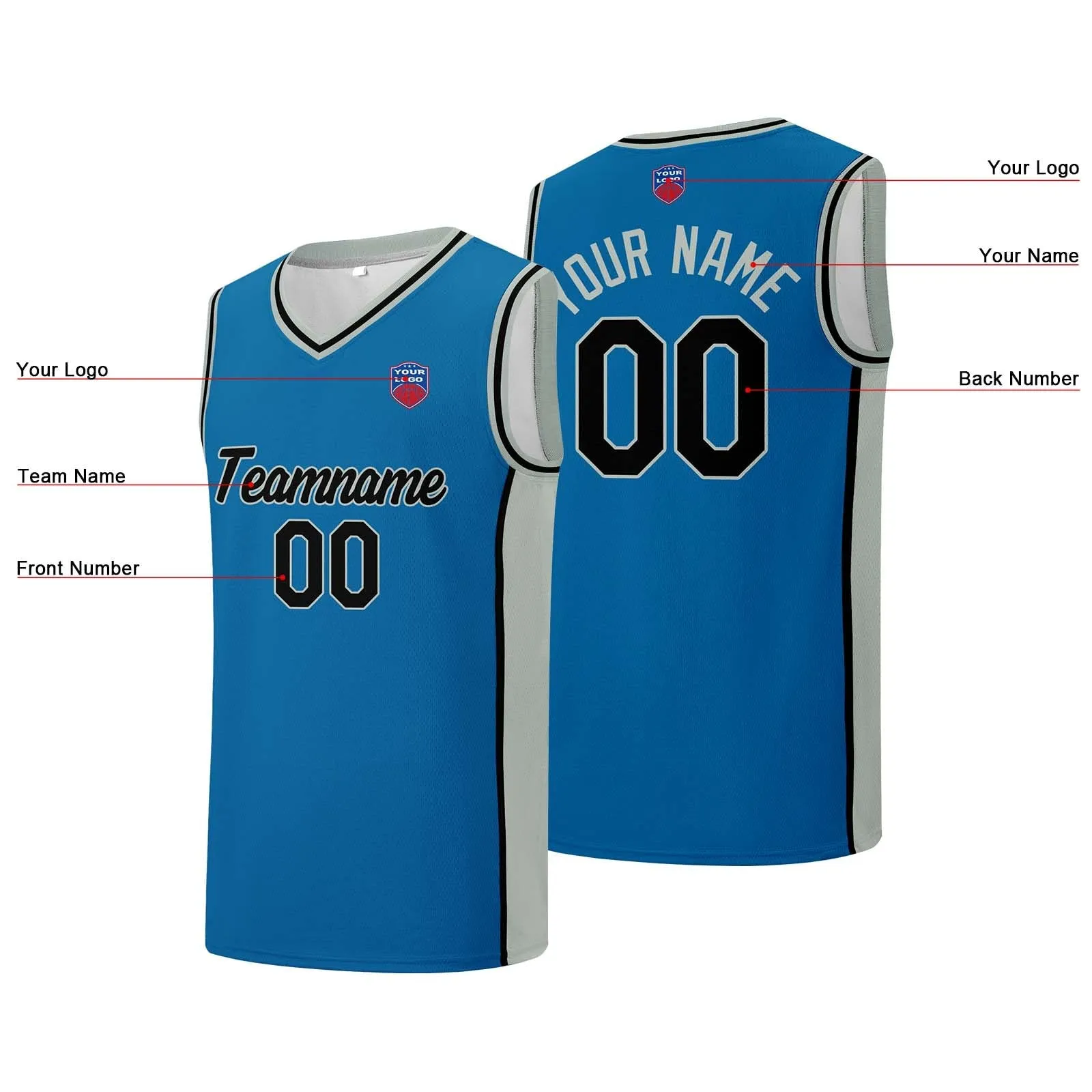 Custom basketball jersey shorts for men and women. Embroidered and printed name, number and logo Blue&Grey