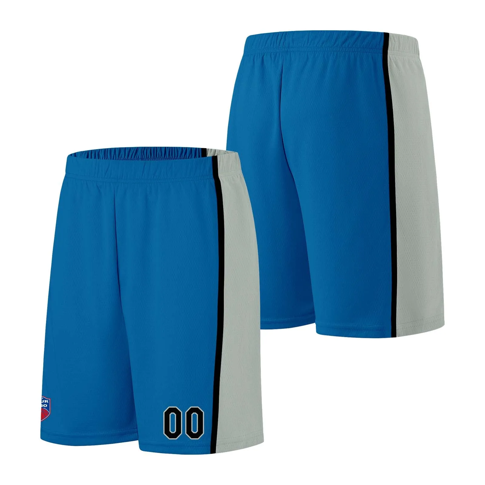 Custom basketball jersey shorts for men and women. Embroidered and printed name, number and logo Blue&Grey