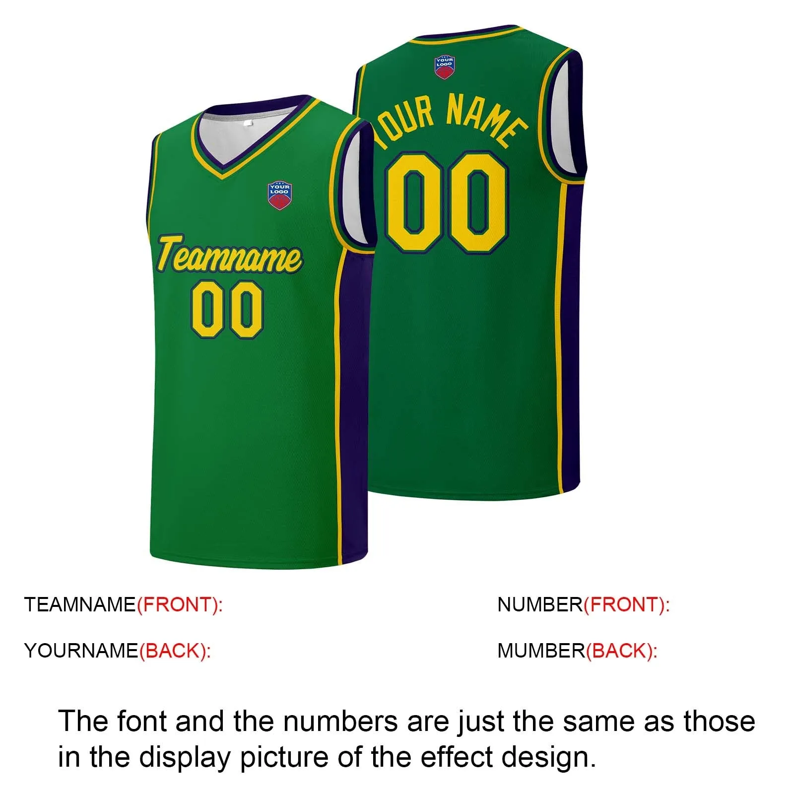 Custom basketball jersey shorts for men and women. Embroidered and printed name, number and logo Green