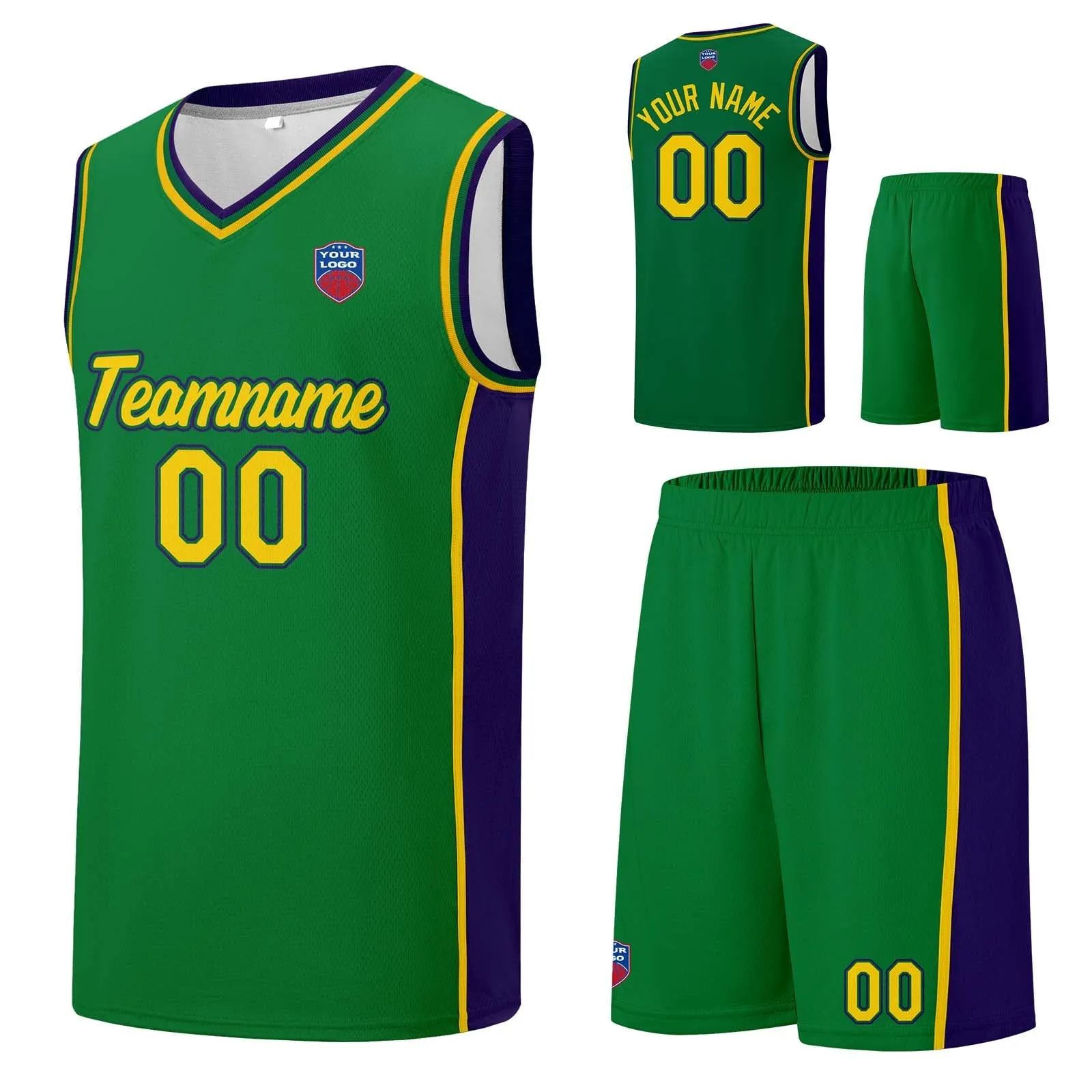 Custom basketball jersey shorts for men and women. Embroidered and printed name, number and logo Green