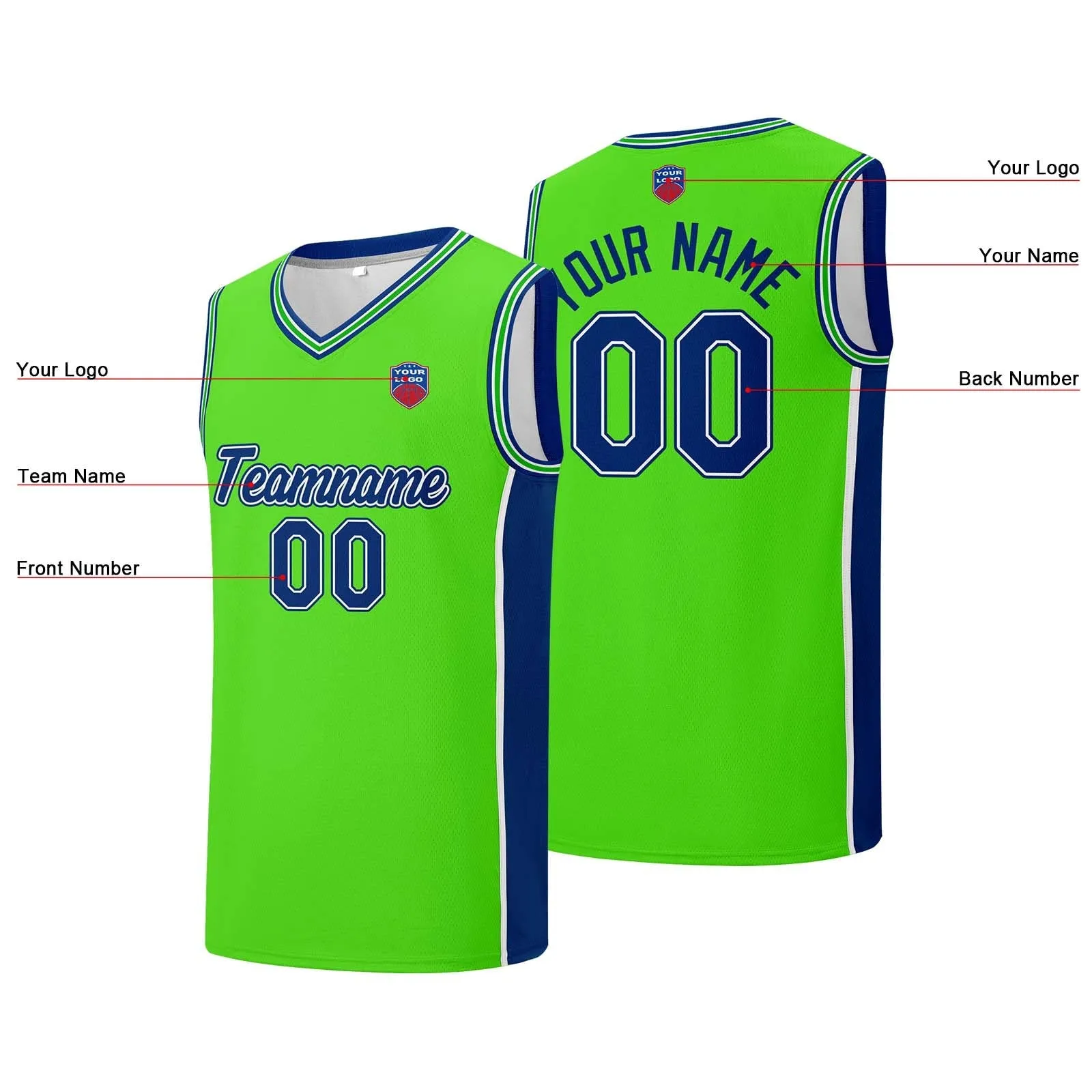 Custom basketball jersey shorts for men and women. Embroidered and printed name, number and logo Neon Green&Royal