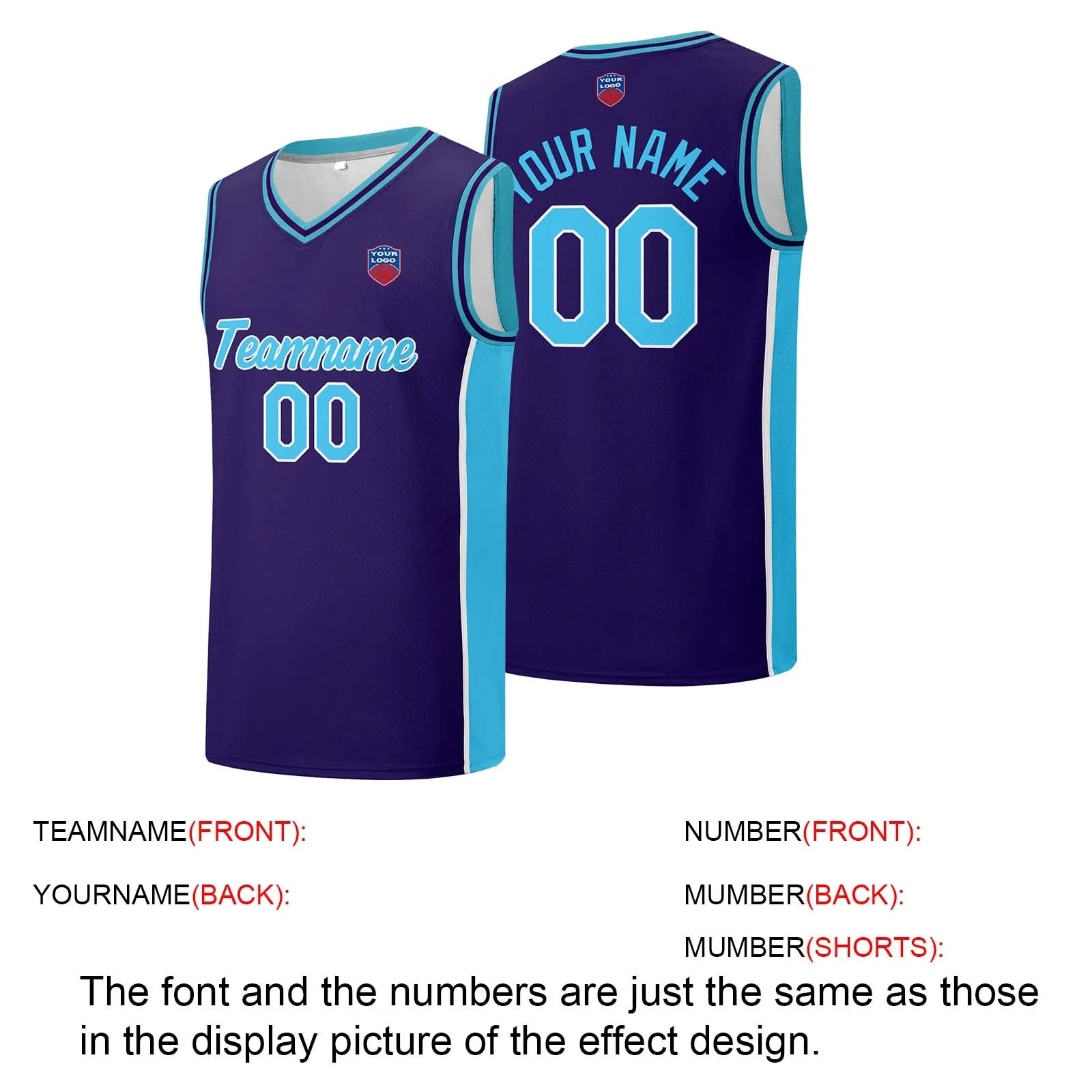 Custom basketball jersey shorts for men and women. Embroidered and printed name, number and logo Purple&Light Blue