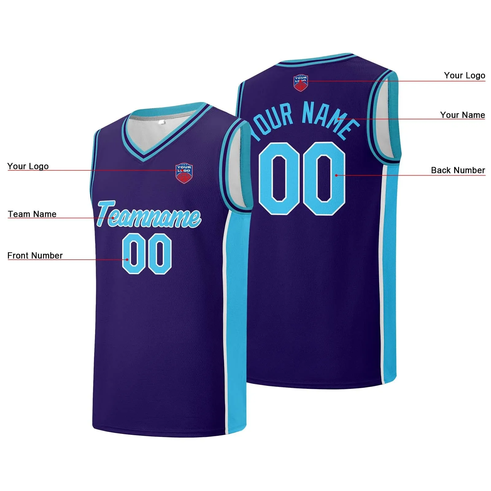 Custom basketball jersey shorts for men and women. Embroidered and printed name, number and logo Purple&Light Blue