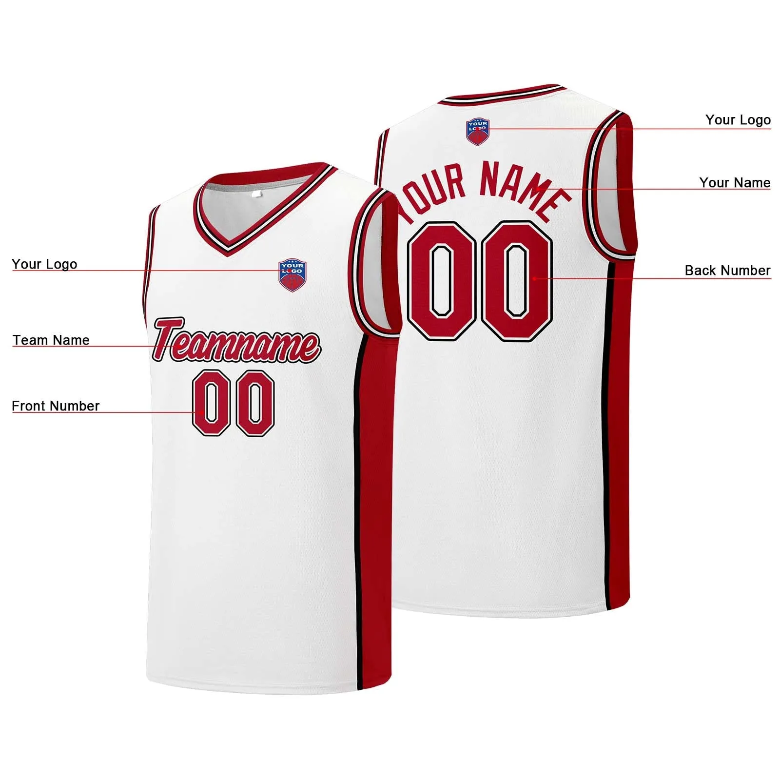 Custom basketball jersey shorts for men and women. Embroidered and printed name, number and logo White&Red