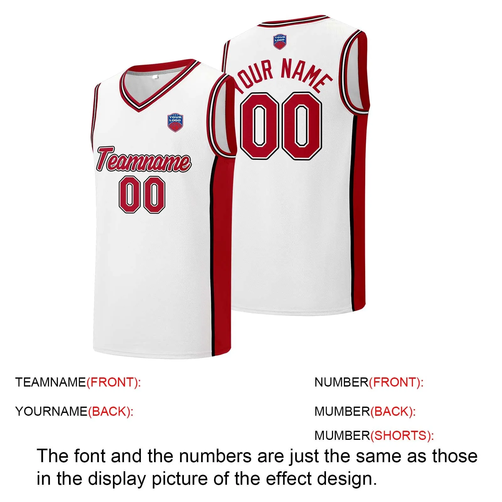 Custom basketball jersey shorts for men and women. Embroidered and printed name, number and logo White&Red