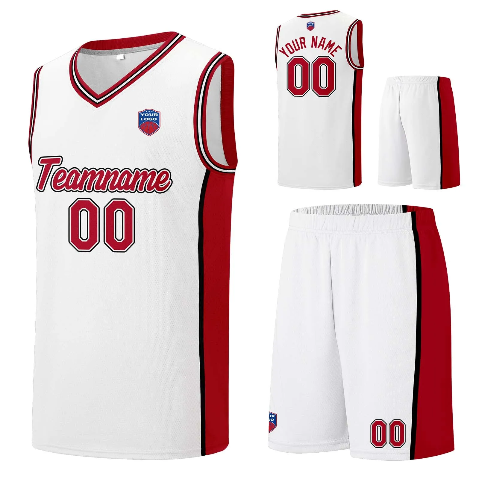 Custom basketball jersey shorts for men and women. Embroidered and printed name, number and logo White&Red