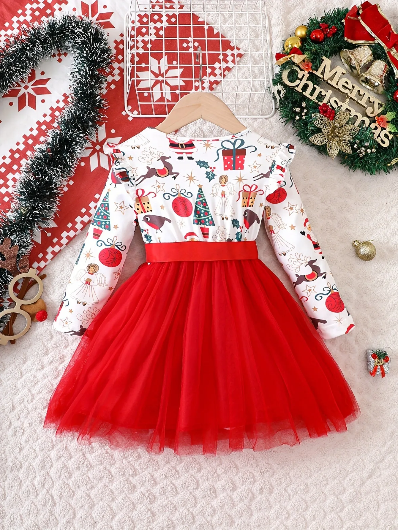 Cute Christmas Splicing Santa Graphic Mesh Tutu Dress for Girls - Flutter Trim, Festive Holiday Outfit, Perfect Gift for Kids, Christmas Party Wear