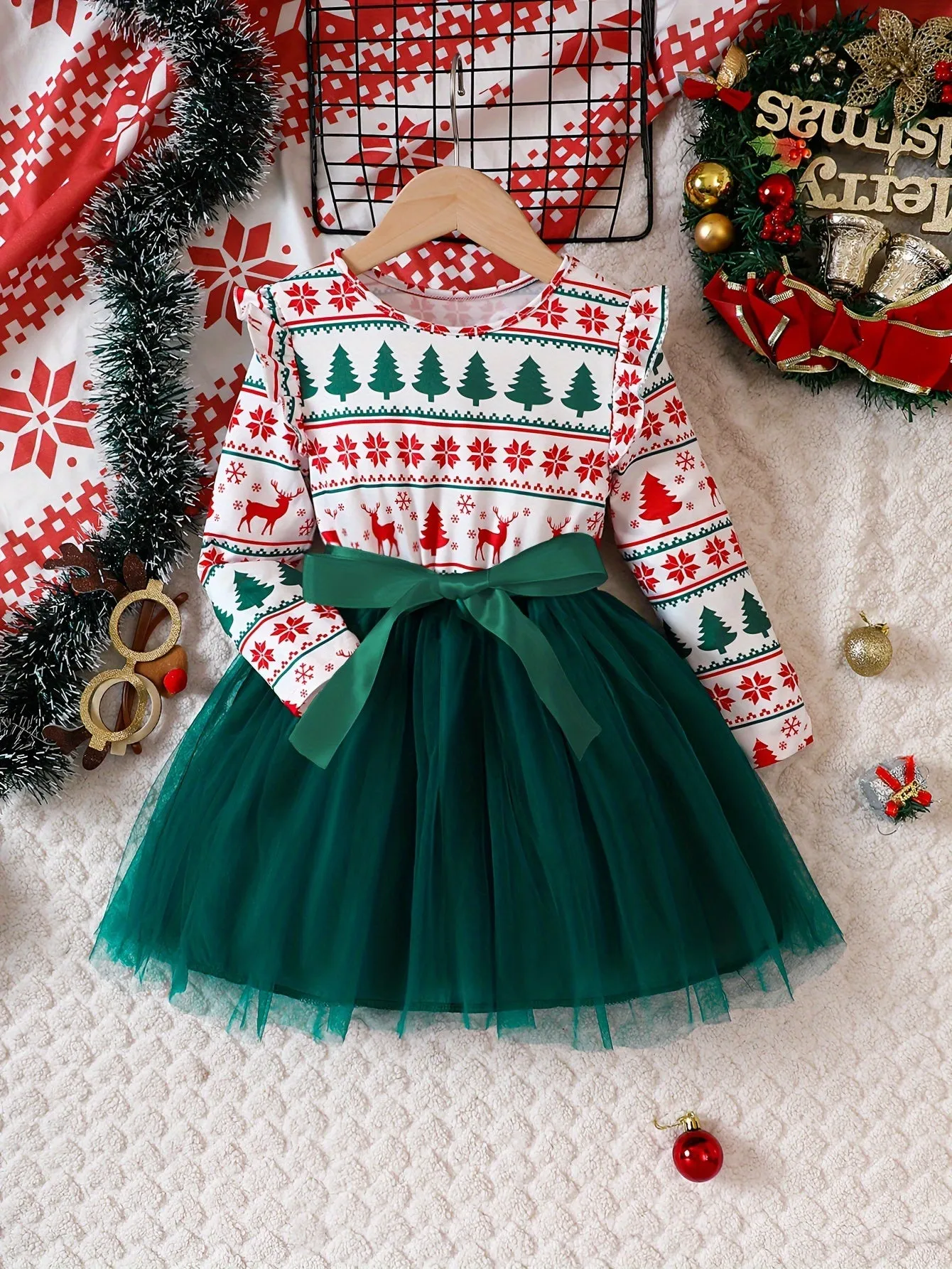 Cute Christmas Splicing Santa Graphic Mesh Tutu Dress for Girls - Flutter Trim, Festive Holiday Outfit, Perfect Gift for Kids, Christmas Party Wear