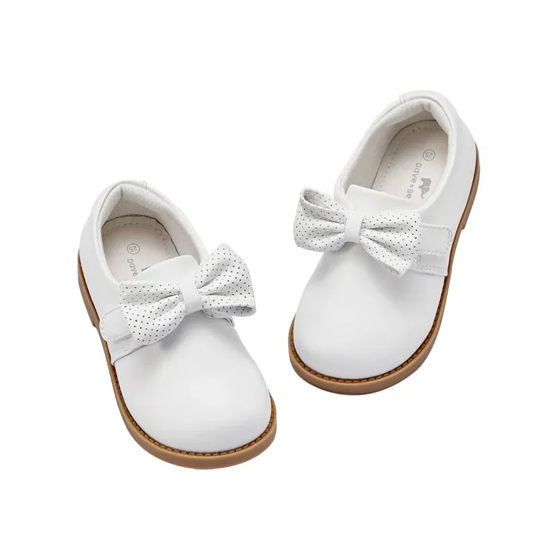 Dave Bella Girls Leather Shoes 2024 Spring New Children Shoes White Bow Princess Non-slip Sole Flat Kids Shoes ARWEN & AJH GROUP