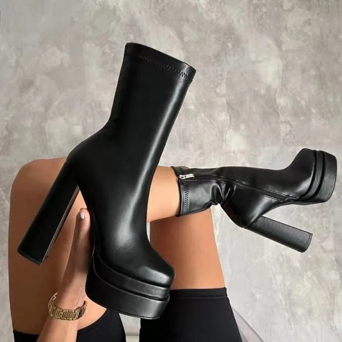 Double Waterproof Leather Super High Chunky Heel Short Women's Boots