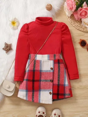 Elegant Girls' 2-piece Outfits, Puff Sleeve Knit Pullover & Plaid Skirt, Comfy Sets Kids Clothes For Fall Winter Christmas Outdoors