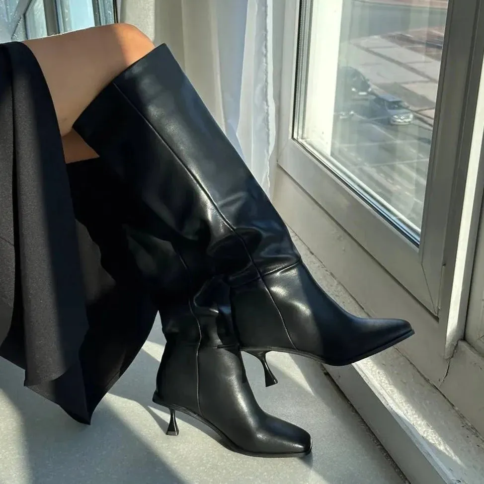 Genuine Leather Square Toe Knee High Boots