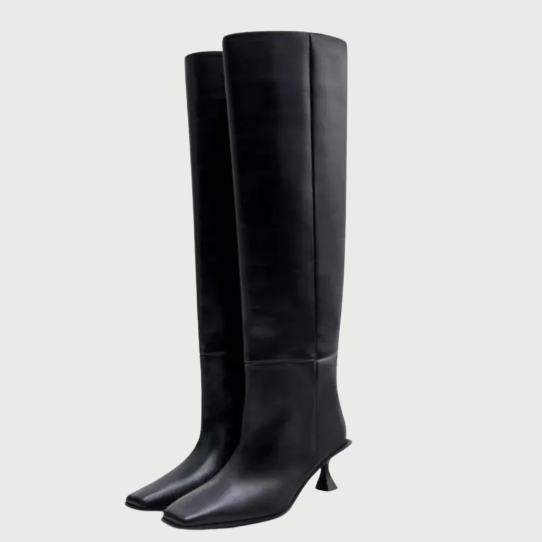 Genuine Leather Square Toe Knee High Boots