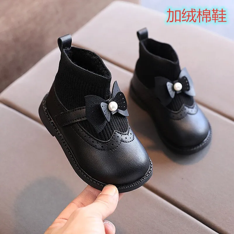 Girls' shoes soft leather princess high top breathable shoes