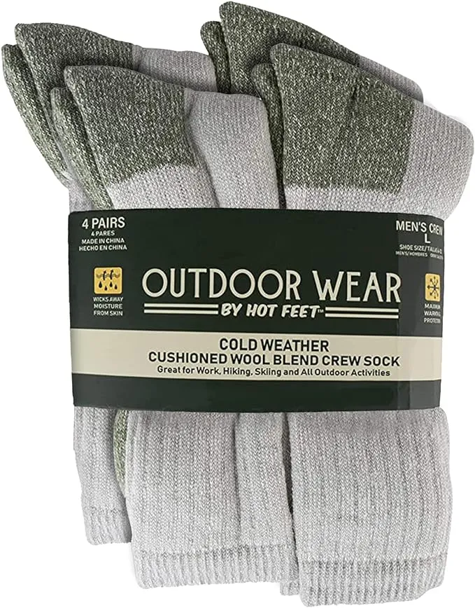 Hot Feet Mens Active Work and Outdoors Socks, Fully Cushioned, Thermal Wool Blend, 4 Pack Warm Reinforced Heel and Toe by HOT FEET (Grey & Blue)