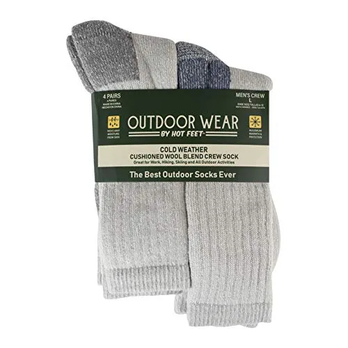 Hot Feet Mens Active Work and Outdoors Socks, Fully Cushioned, Thermal Wool Blend, 4 Pack Warm Reinforced Heel and Toe by HOT FEET (Grey & Blue)