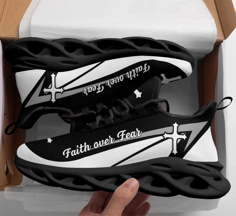 Jesus Faith Over Fear Running Sneakers Black And White Max Soul Shoes - Christian Shoes For Men And Women