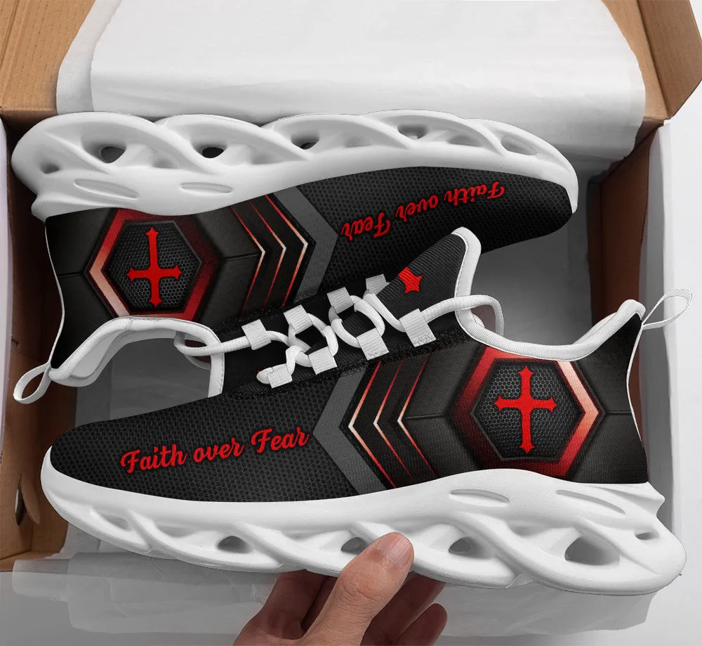 Jesus Faith Over Fear Running Sneakers Red Black Max Soul Shoes - Christian Shoes For Men And Women