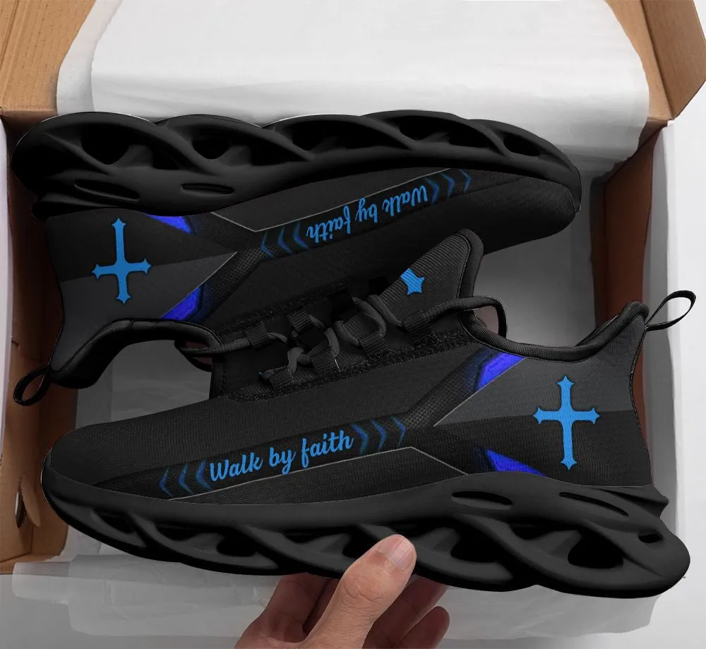 Jesus Walk By Faith Running Sneakers Blue Black 2 Max Soul Shoes - Christian Shoes For Men And Women