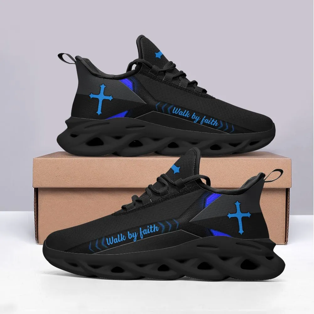 Jesus Walk By Faith Running Sneakers Blue Black 2 Max Soul Shoes - Christian Shoes For Men And Women