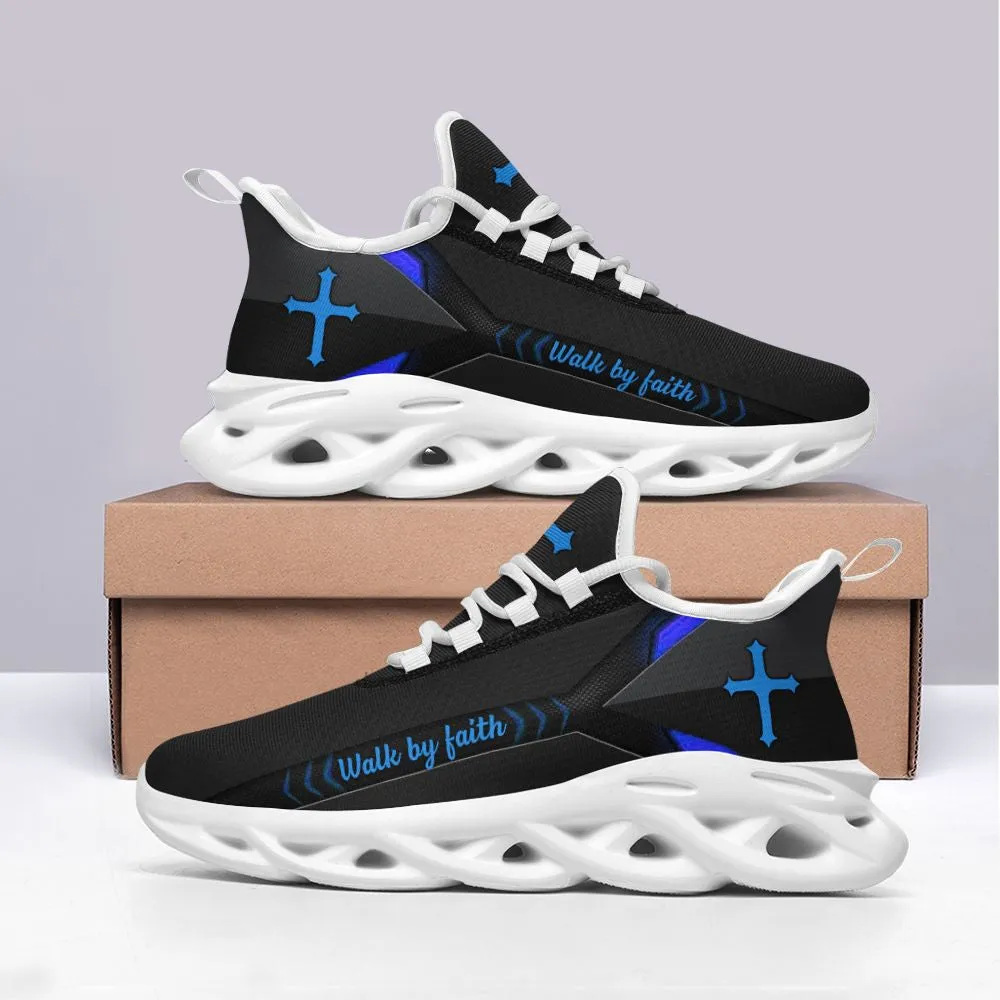 Jesus Walk By Faith Running Sneakers Blue Black 2 Max Soul Shoes - Christian Shoes For Men And Women