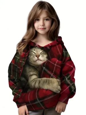 Long Sleeve 3D Digital Print Girls Pullover Christmas Cat Hooded Sweatshirt Tops for Kids Fall Clothing