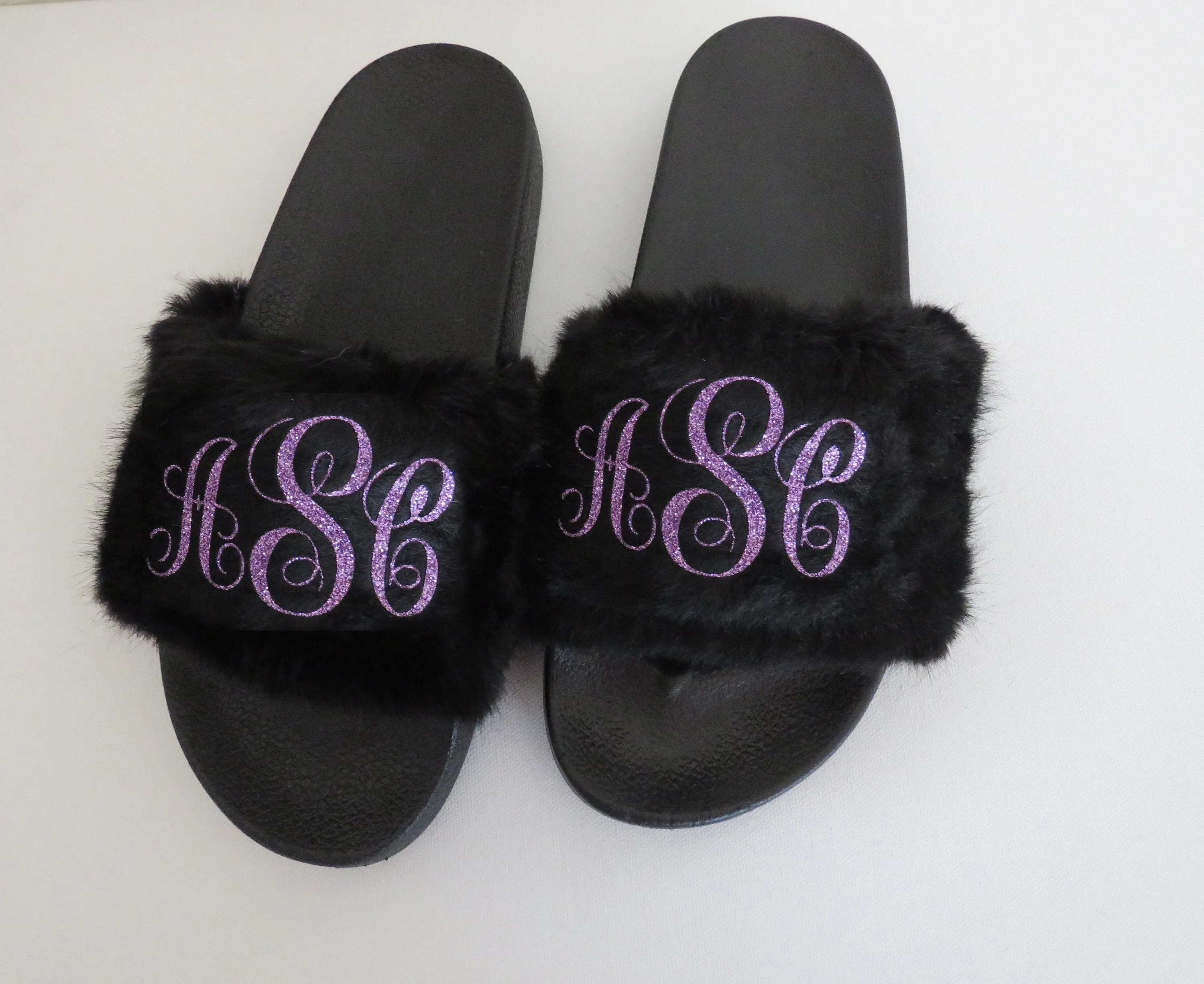 monogramed slippers/  Personalized  Slippers / BLACK fur slippers