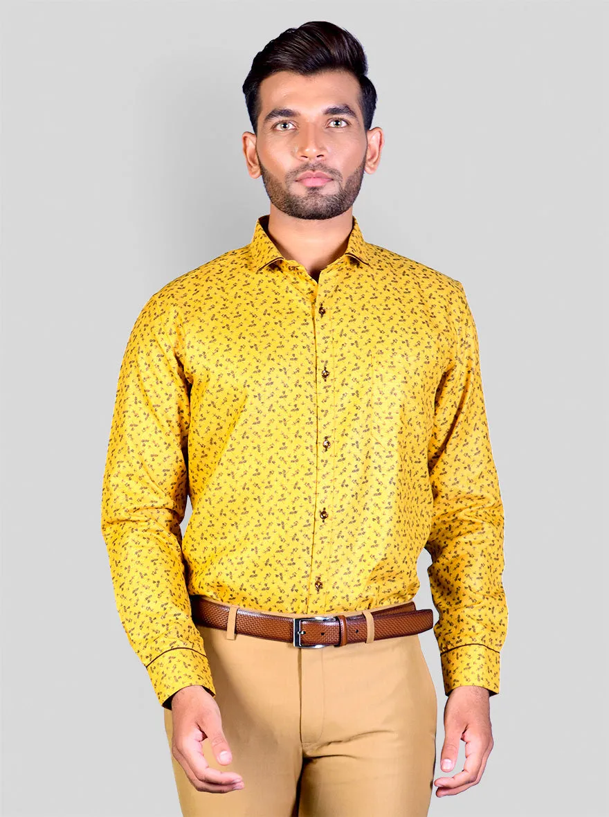 Mustard Yellow & Brown Printed Slim Fit Party Wear Shirt | Greenfibre