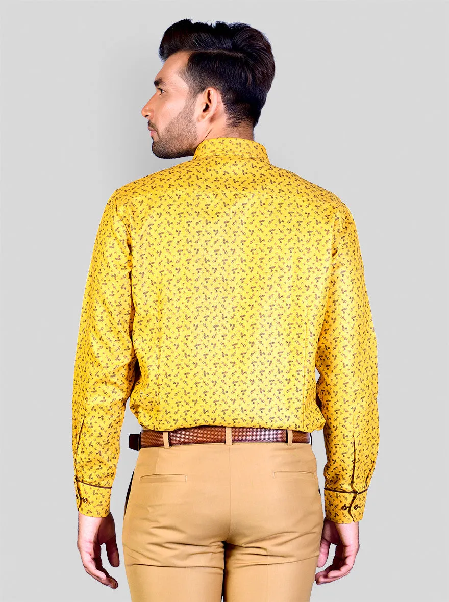 Mustard Yellow & Brown Printed Slim Fit Party Wear Shirt | Greenfibre