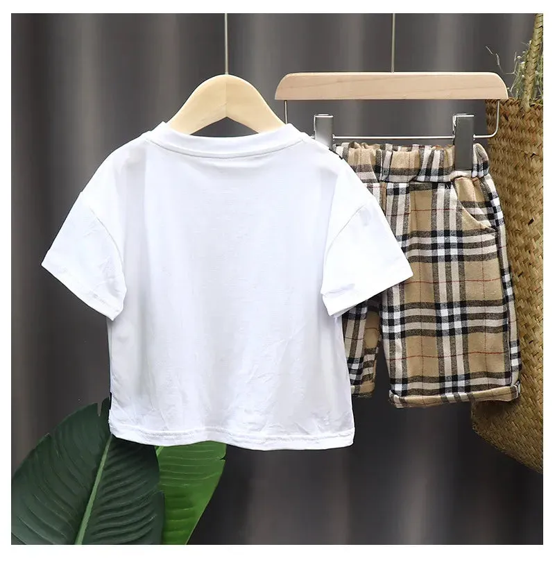 Non-Bran-D No Correct Letters Infant Baby T-Shirts Tops Shorts Clothes Set New Boys Short Sleeve Plaid Children's Sets