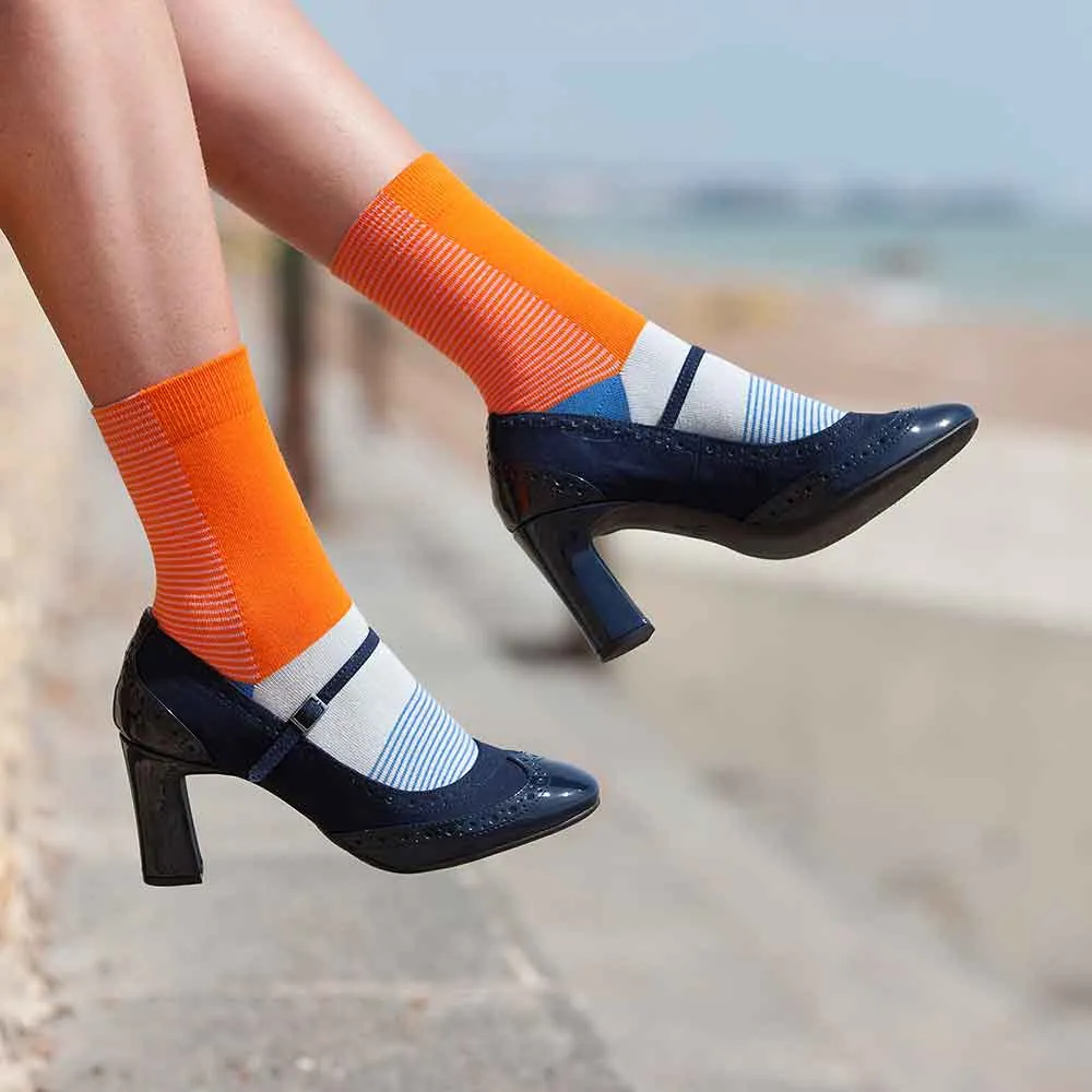 PEPER HAROW Anne Stripe Women's Luxury Cotton Socks - Tulip Blue and Orange