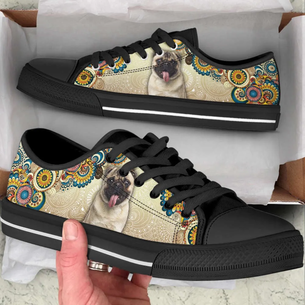 Pug Dog Ethnic Floral Pattern Low Top Shoes Canvas Sneakers Casual Shoes, Dog Printed Shoes, Canvas Shoes For Men, Women