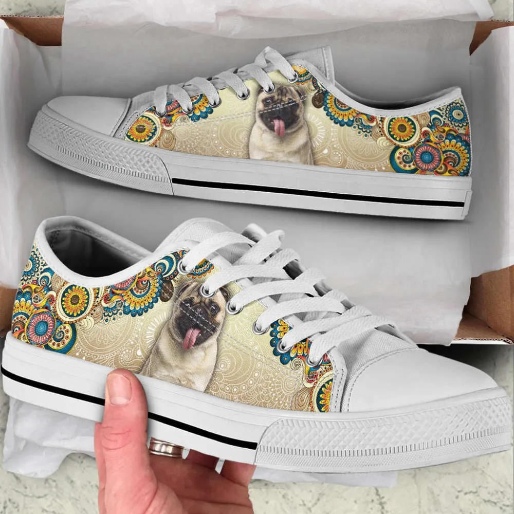 Pug Dog Ethnic Floral Pattern Low Top Shoes Canvas Sneakers Casual Shoes, Dog Printed Shoes, Canvas Shoes For Men, Women