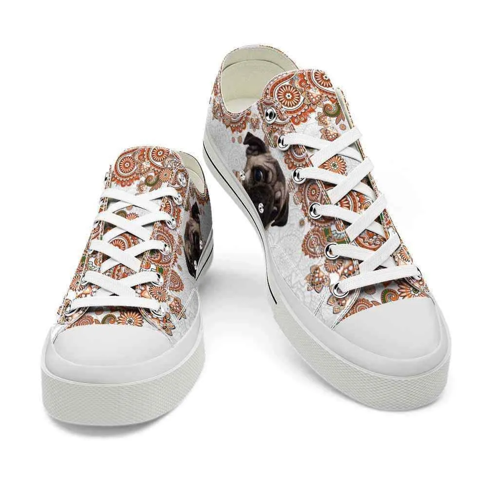 Pug Orange Mandala Low Top Shoes - Happy International Dog Day Canvas Sneaker, Dog Printed Shoes, Canvas Shoes For Men, Women