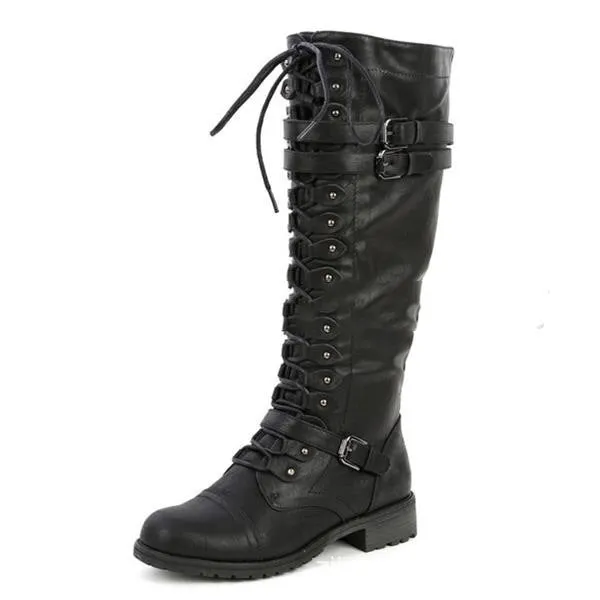 Round Toe Mid Heel Lace-up Side Zip Over-the-knee Female Boots