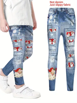 Santa Claus Graphic Ripped Effect Leggings Faux Denim print Pants Girls Kids Clothes Gift Halloween Christmas