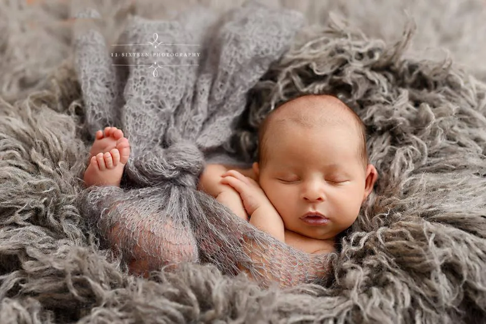 SET Light Gray Sunflower Mohair Knit Baby Wrap and Headband