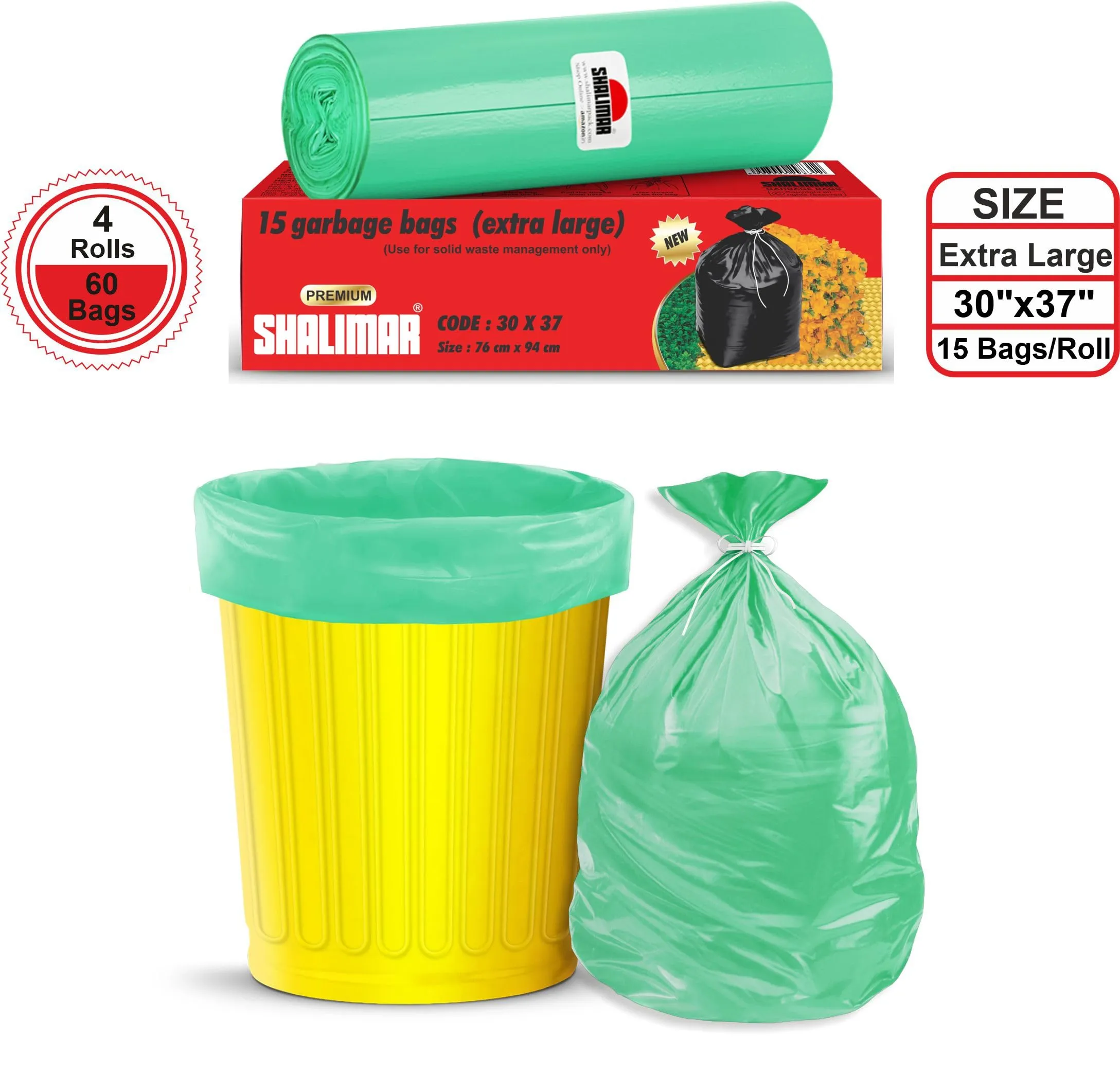 Shalimar Premium Garbage Bags Size 30 X 37 Inches (Extra Large) 60 Bags (4 rolls) Dustbin Bag/Trash Bag - Green Color