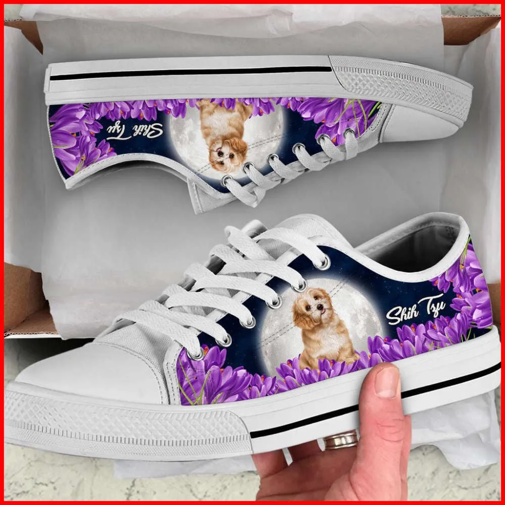 Shih Tzu Dog Purple Flower Low Top Shoes Canvas Sneakers, Dog Printed Shoes, Canvas Shoes For Men, Women